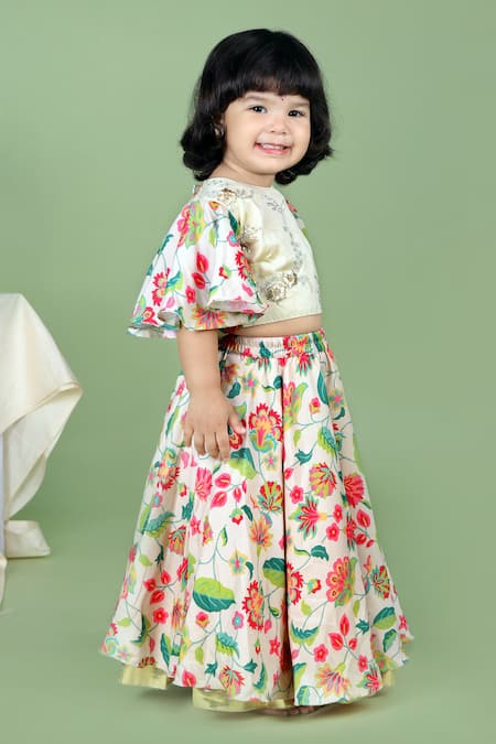 Little Brats_White Kota Doria, Rayon, Cotton Embroidery, Tassels Printed Lehenga And Blouse _Online_at_Aza_Fashions