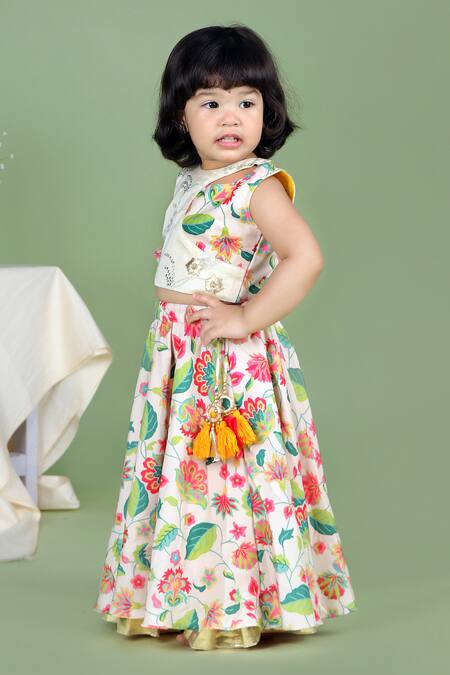 Buy_Little Brats_White Kota Doria, Rayon, Cotton Embroidery, Tassels Printed Lehenga And Blouse _Online_at_Aza_Fashions