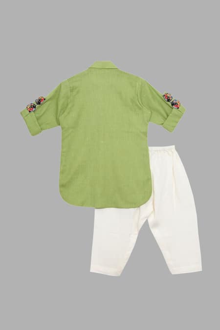 Shop Little Brats Green Handloom Cotton, Rayon Applique Pathani Set at Aza Fashions Shop_Little Brats_Green Handloom Cotton, Rayon Applique Pathani Set _at_Aza_Fashions