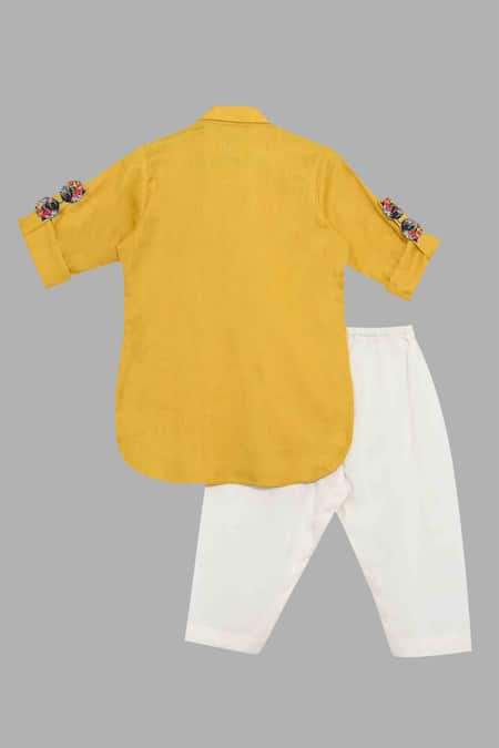Shop Little Brats Yellow Handloom Cotton, Rayon Applique Pathani Set at Aza Fashions Shop_Little Brats_Yellow Handloom Cotton, Rayon Applique Pathani Set _at_Aza_Fashions