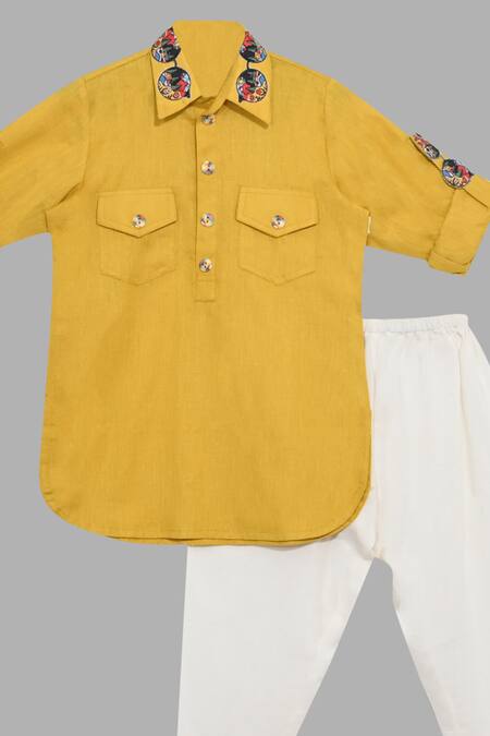 Little Brats Yellow Handloom Cotton, Rayon Applique Pathani Set Online at Aza Fashions Little Brats_Yellow Handloom Cotton, Rayon Applique Pathani Set _Online_at_Aza_Fashions