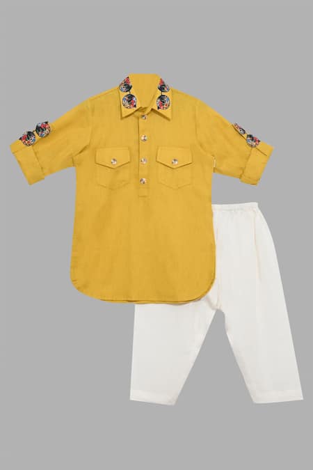 Little Brats Yellow Handloom Cotton, Rayon Applique Pathani Set