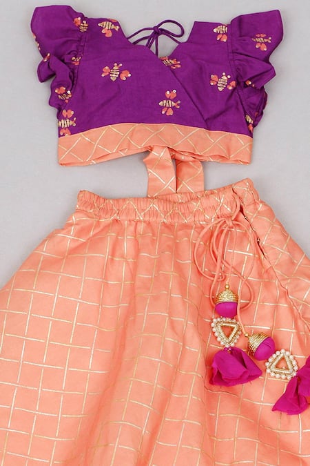 Little Brats Purple Kota Doria, Cotton Embroidery, Tassels Top With Lehenga Online at Aza Fashions Little Brats_Purple Kota Doria, Cotton Embroidery, Tassels Top With Lehenga _Online_at_Aza_Fashions