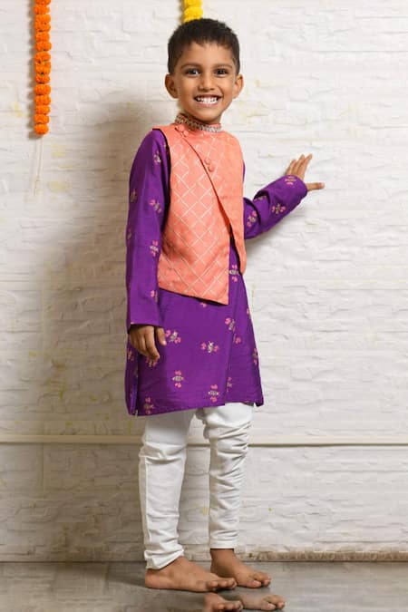 Little Brats Embroidered Kurta Set With Bundi 