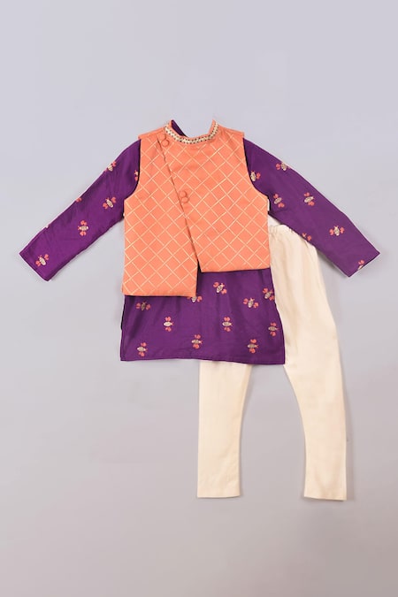 Little Brats_Purple Cotton, Kota Doria Embroidery Kurta Set With Bundi _Online_at_Aza_Fashions