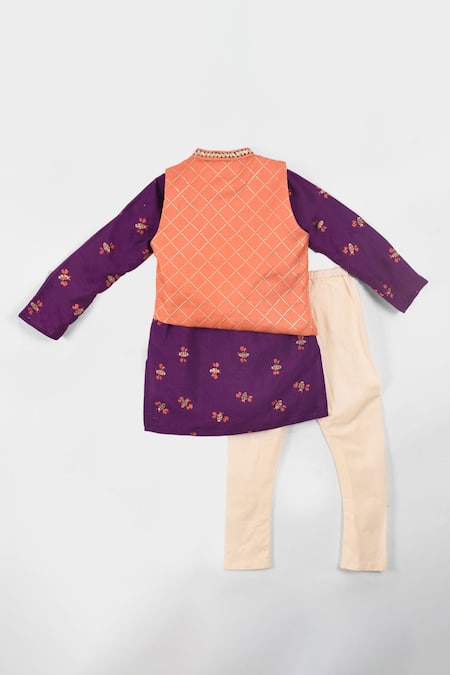 Buy_Little Brats_Purple Cotton, Kota Doria Embroidery Kurta Set With Bundi _Online_at_Aza_Fashions