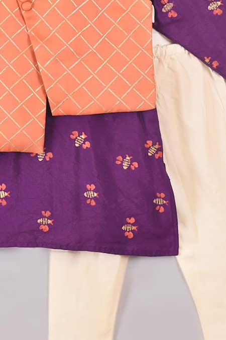 Shop_Little Brats_Purple Cotton, Kota Doria Embroidery Kurta Set With Bundi _Online_at_Aza_Fashions