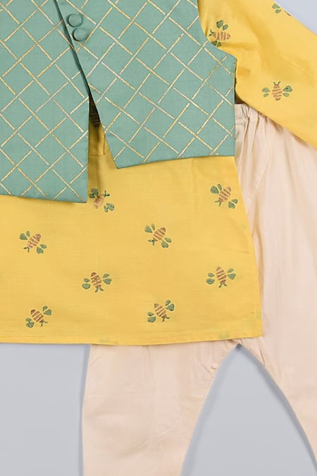 Little Brats_Yellow Cotton, Kota Doria Embroidery Kurta Set With Bundi _Online_at_Aza_Fashions