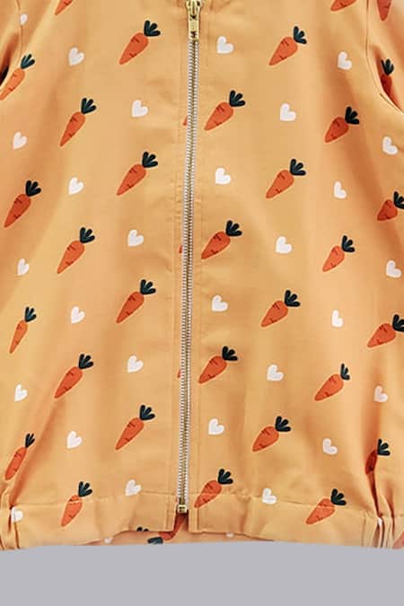 Little Brats_Orange Rayon Carrot Print Bomber Jacket _Online_at_Aza_Fashions