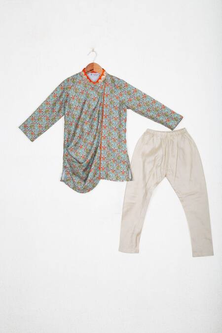 Little Brats_Blue Muslin, Kota Doria Embroidery Floral Print Cowl Kurta Set_Online_at_Aza_Fashions