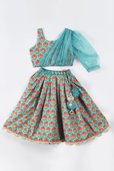 Little Brats Blue Cotton, Rayon Sequins, Embroidery Lehenga And Blouse 