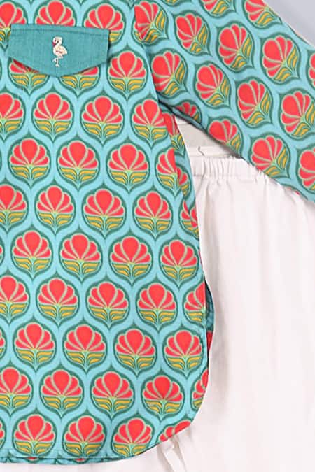 Little Brats_Blue Cotton, Rayon Embroidery Printed Kurta With Salwar Pant _Online_at_Aza_Fashions