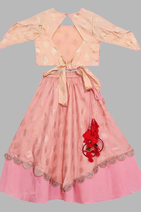 Shop Little Brats Peach Kota Doria, Silk Tassels, Embroidery Printed Lehenga Set at Aza Fashions Shop_Little Brats_Peach Kota Doria, Silk Tassels, Embroidery Printed Lehenga Set _at_Aza_Fashions