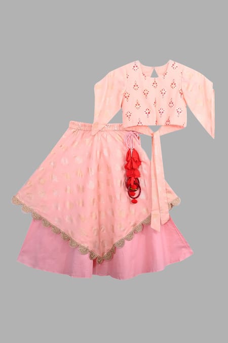 Little Brats Peach Kota Doria, Silk Tassels, Embroidery Printed Lehenga Set