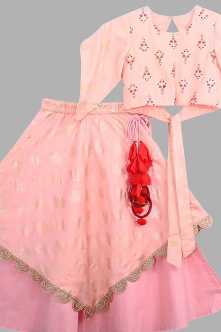 Little Brats Peach Kota Doria, Silk Tassels, Embroidery Printed Lehenga Set Online at Aza Fashions Little Brats_Peach Kota Doria, Silk Tassels, Embroidery Printed Lehenga Set _Online_at_Aza_Fashions