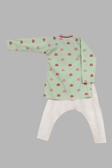 Shop Little Brats Green Kota Doria Embroidery Printed Kurta Set at Aza Fashions Shop_Little Brats_Green Kota Doria Embroidery Printed Kurta Set _at_Aza_Fashions