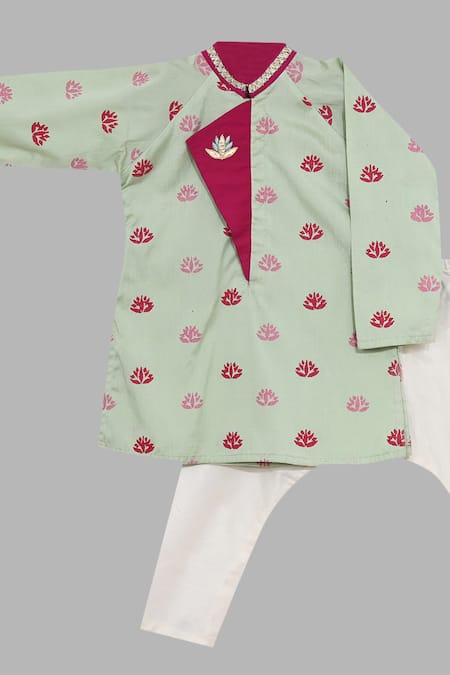 Little Brats Green Kota Doria Embroidery Printed Kurta Set Online at Aza Fashions Little Brats_Green Kota Doria Embroidery Printed Kurta Set _Online_at_Aza_Fashions