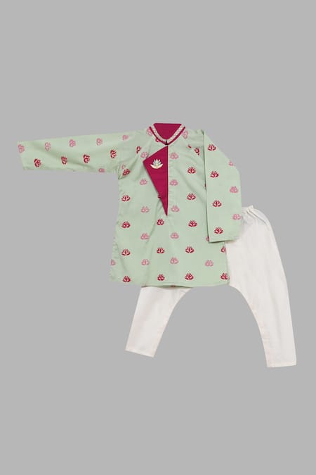 Little Brats Green Kota Doria Embroidery Printed Kurta Set