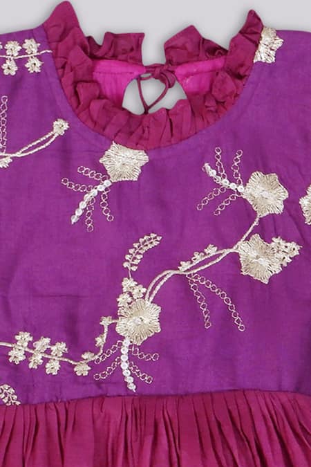 Little Brats_Purple Muslin, Kota Doria Tassels Embroidered Dress _Online_at_Aza_Fashions
