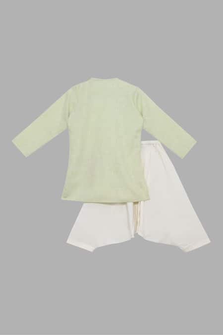 Shop Little Brats Green Linen, Rayon, Cotton Applique Kurta Set at Aza Fashions Shop_Little Brats_Green Linen, Rayon, Cotton Applique Kurta Set _at_Aza_Fashions