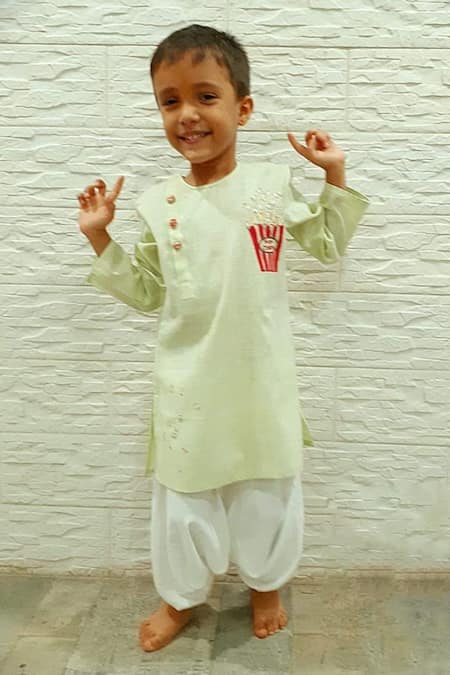 Little Brats Green Linen, Rayon, Cotton Applique Kurta Set 