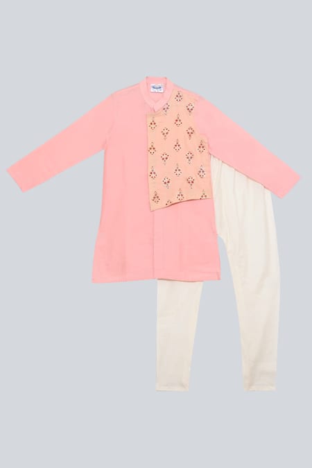 Little Brats Pink Kota Doria, Silk Printed Kurta Set