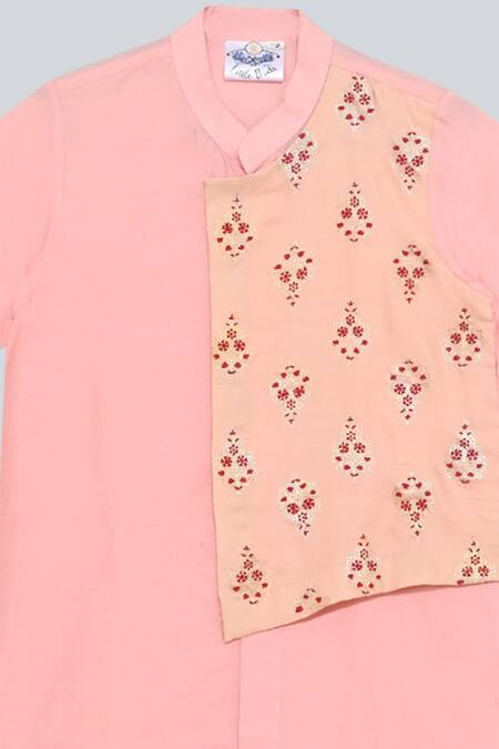 Little Brats_Pink Kota Doria, Silk Printed Kurta Set _Online_at_Aza_Fashions