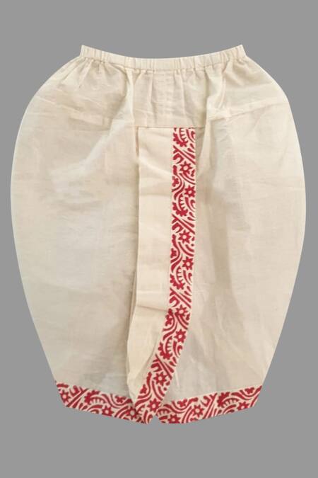 Little Brats_Red Kota Doria, Cotton Embroidery Kurta With Dhoti Pant _Online_at_Aza_Fashions