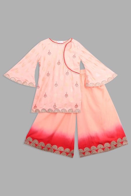 Little Brats Pink Kota Doria Embroidery Printed Kurta And Palazzo Set 