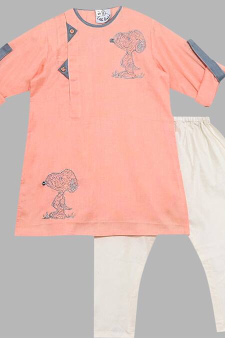 Little Brats_Pink Silk, Kota Doria Printed Kurta Set _Online_at_Aza_Fashions