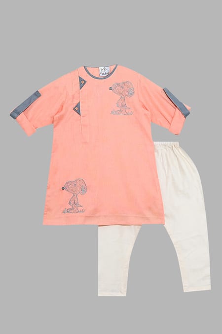 Little Brats Pink Silk, Kota Doria Printed Kurta Set