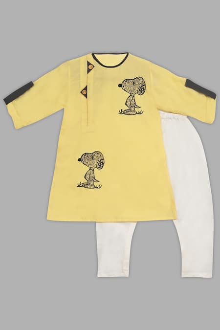 Little Brats Yellow Kota Doria Printed Kurta Set