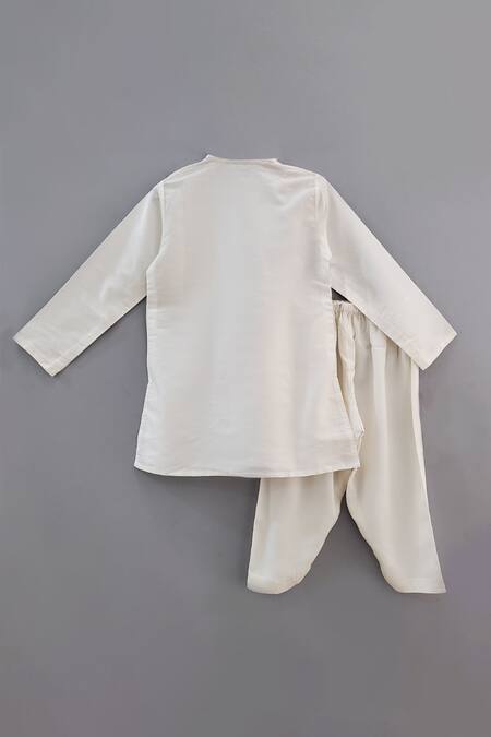 Shop Little Brats White Rayon, Cotton, Silk Embroidery Katan Kurta Set at Aza Fashions Shop_Little Brats_White Rayon, Cotton, Silk Embroidery Katan Kurta Set _at_Aza_Fashions