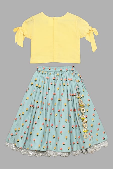 Buy_Little Brats_Blue Kota Doria, Rayon Tassels, Embroidery Printed Lehenga Set _Online_at_Aza_Fashions