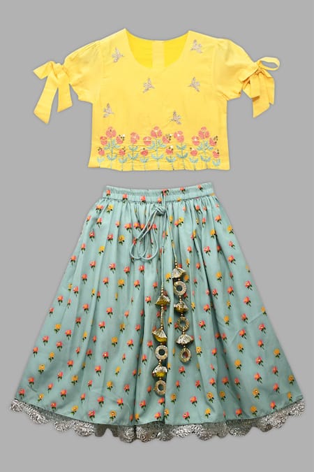 Shop_Little Brats_Blue Kota Doria, Rayon Tassels, Embroidery Printed Lehenga Set _Online_at_Aza_Fashions