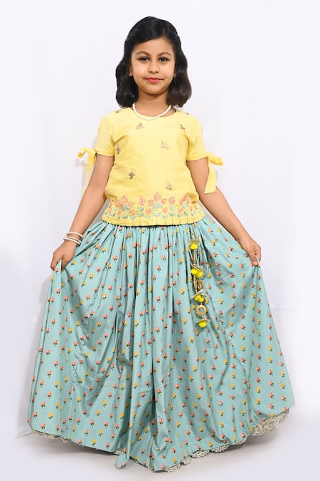 Little Brats_Blue Kota Doria, Rayon Tassels, Embroidery Printed Lehenga Set _Online_at_Aza_Fashions