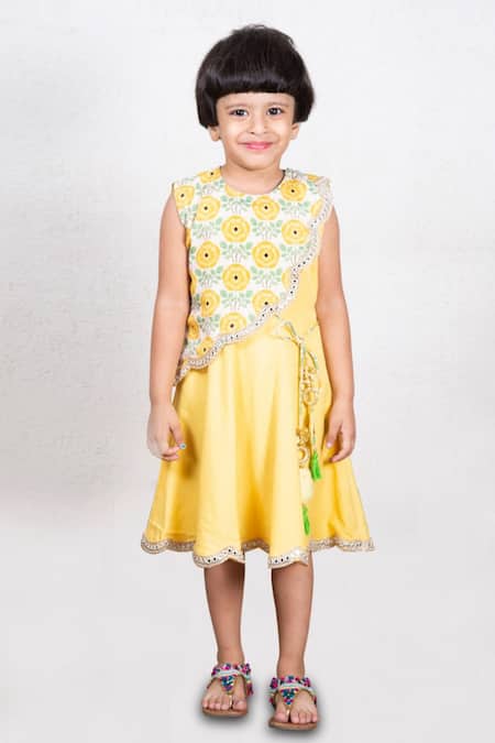 Little Brats Blue Rayon Mirrors Printed Overlay Cape And Dress Set 