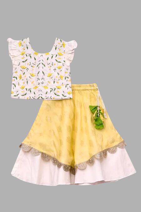 Buy_Little Brats_Yellow Kota Doria, Silk, Cotton Printed Lehenga Set _Online_at_Aza_Fashions