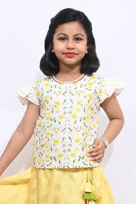 Little Brats_Yellow Kota Doria, Silk, Cotton Printed Lehenga Set _Online_at_Aza_Fashions