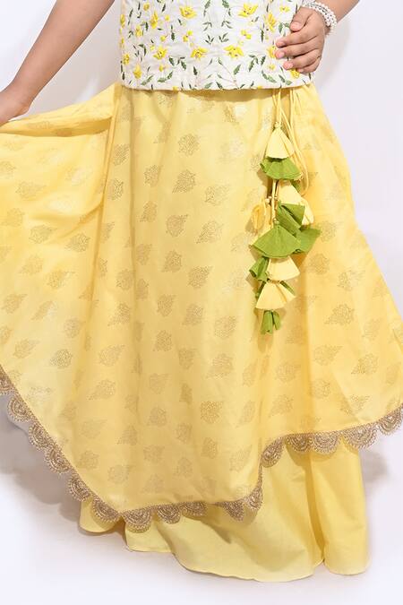 Little Brats_Yellow Kota Doria, Silk, Cotton Printed Lehenga Set _at_Aza_Fashions