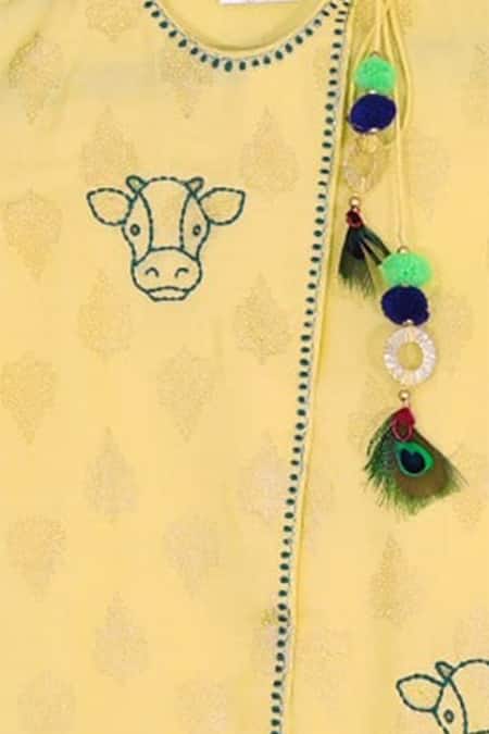Shop Little Brats Yellow Kota Doria, Cotton, Silk Embroidery Printed Kurta And Dhoti Pant Set at Aza Fashions Shop_Little Brats_Yellow Kota Doria, Cotton, Silk Embroidery Printed Kurta And Dhoti Pant Set _at_Aza_Fashions
