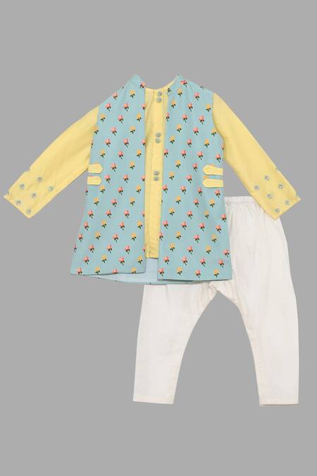 Little Brats_Blue Cotton, Rayon Embroidery Printed Jacket With Kurta Set _Online_at_Aza_Fashions