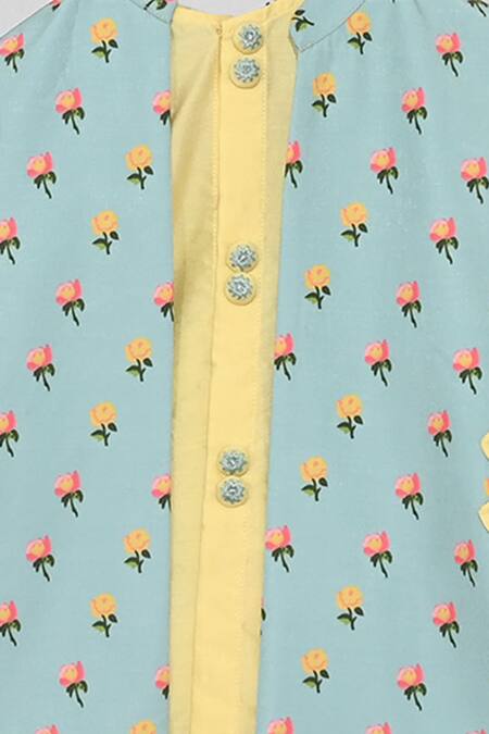 Buy_Little Brats_Blue Cotton, Rayon Embroidery Printed Jacket With Kurta Set _Online_at_Aza_Fashions