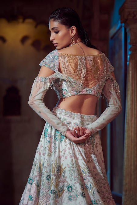 Shop_Jigar & Nikita_Ivory Net Floral Sweetheart Neck Embroidered Blouse And Bridal Lehenga Set _at_Aza_Fashions