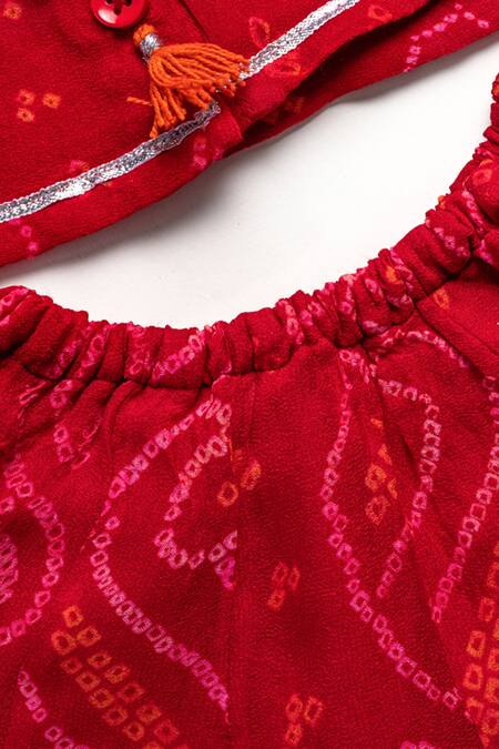 Laadlo Red 100% Organic Cotton Printed Bandhani Motifs Top And Skirt Set   3