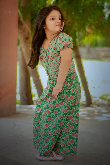 Laadlo_Green Cotton Embroidery Floral Print Top And Lehenga Set_Online_at_Aza_Fashions