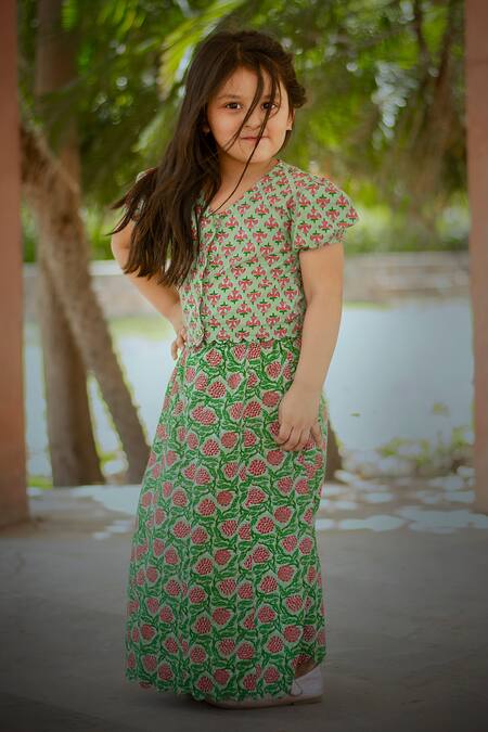Buy_Laadlo_Green Cotton Embroidery Floral Print Top And Lehenga Set_Online_at_Aza_Fashions