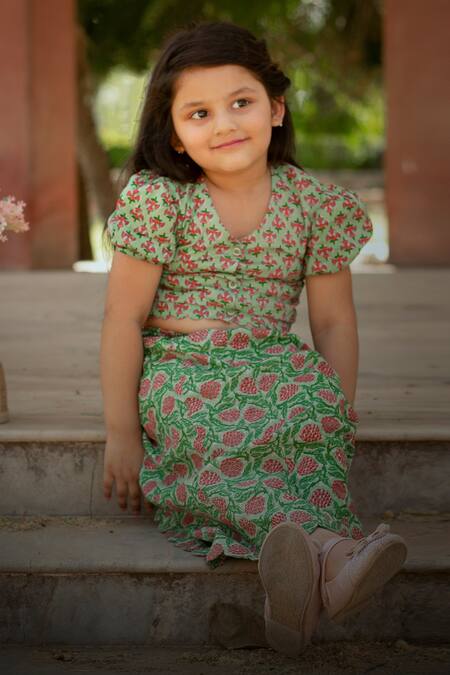 Shop_Laadlo_Green Cotton Embroidery Floral Print Top And Lehenga Set_Online_at_Aza_Fashions