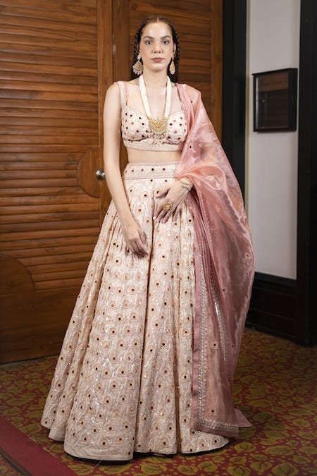 Buy_Labbada_Peach Dupatta Viscose Organza, Lehenga And Blouse Art Embroidered Bridal Set_Online_at_Aza_Fashions