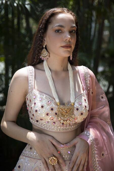 Labbada_Peach Dupatta Viscose Organza, Lehenga And Blouse Art Embroidered Bridal Set_at_Aza_Fashions